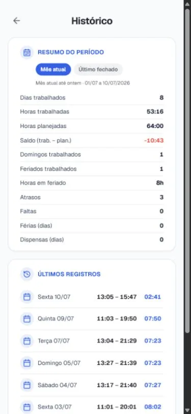 Histórico real de horas e últimos registros do funcionário