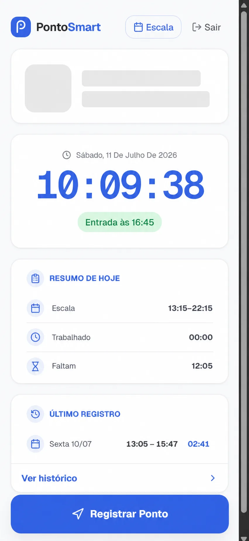 Tela principal real do aplicativo do funcionário com dados pessoais ocultos