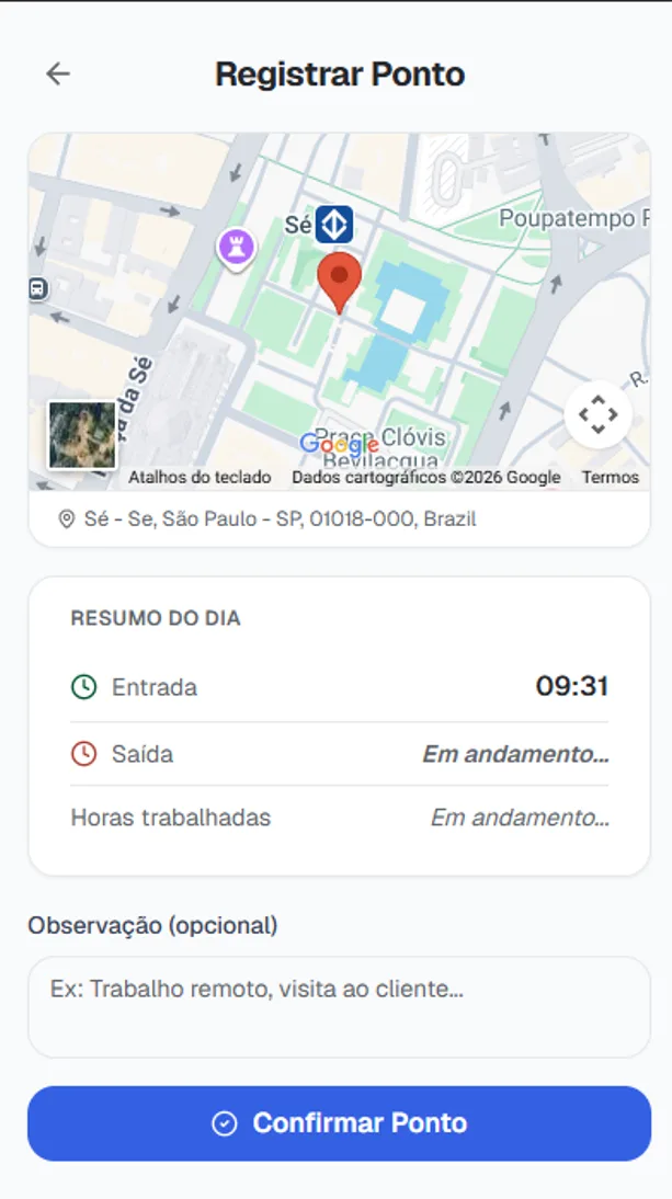 Tela real para registrar ponto com localização confirmada