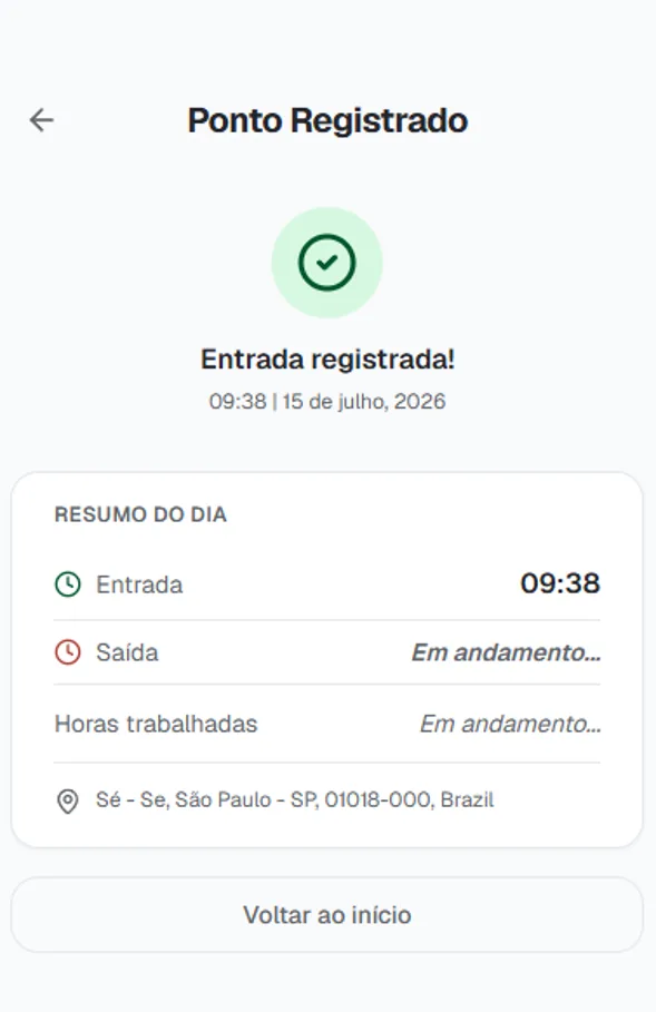 Tela real confirmando o registro de ponto