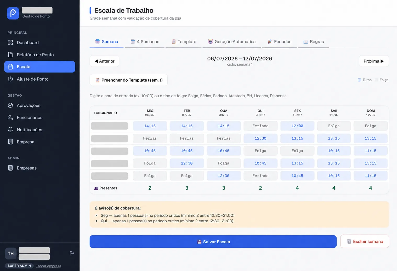 Escala semanal real do Ponto Smart com dados pessoais ocultos
